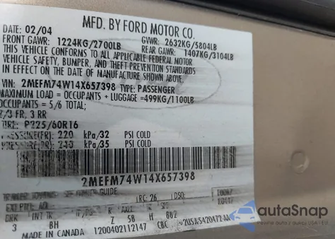 2004 Mercury Grand Marquis Gs z USA, uszkodzony, nr VIN 2MEFM74W14X657398